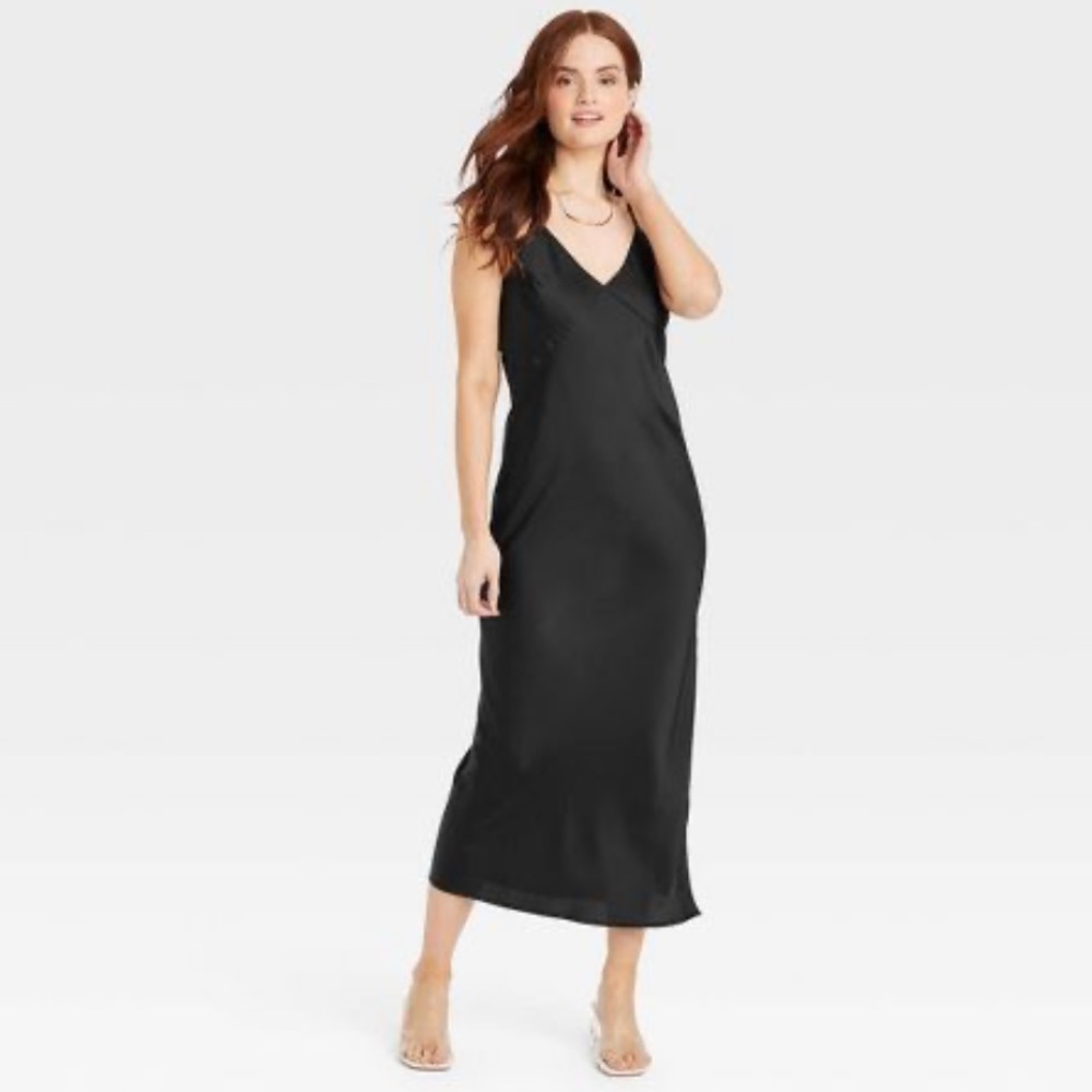 NWT black satin slip dress, size L